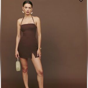 Reformation Linda Linen Mini Dress with from slit and halter neck